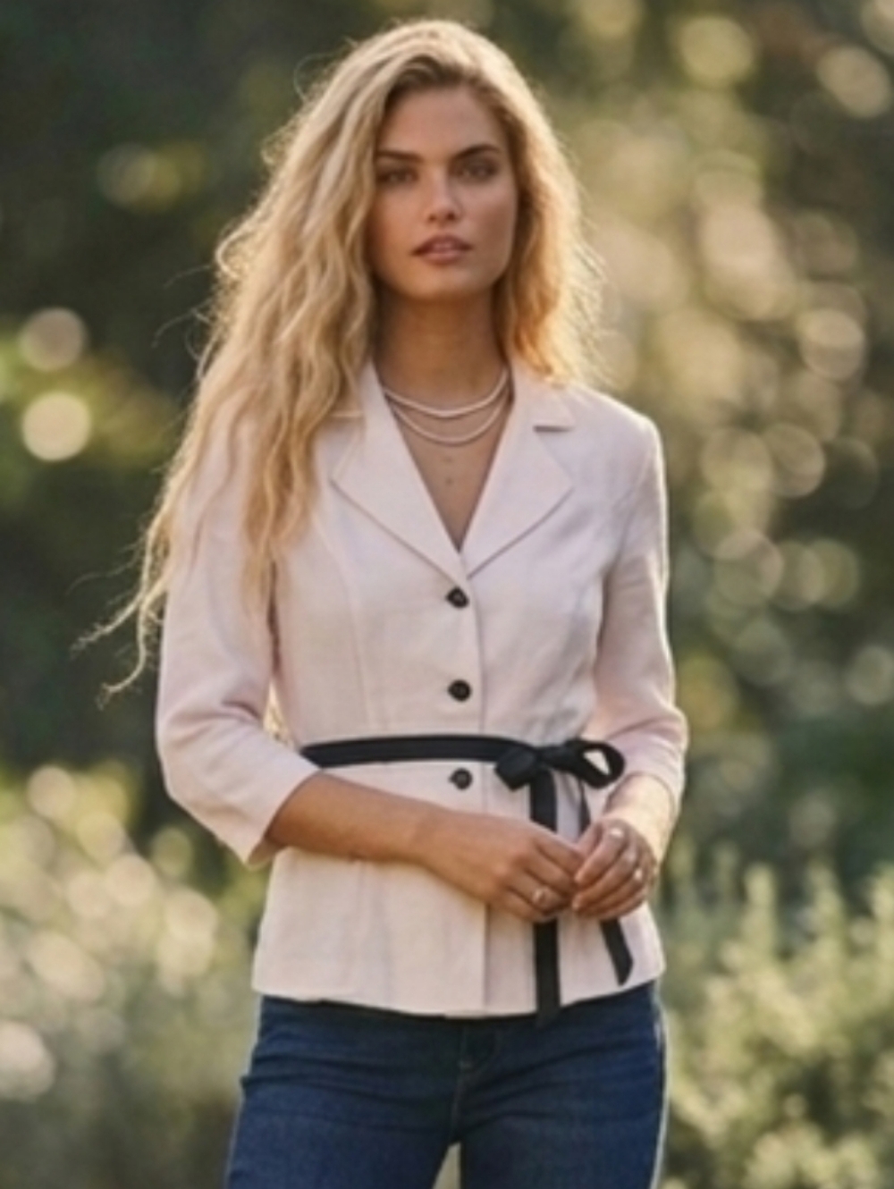 Alex Evenings 3/4 Sleeve Button Front Blouse With Collar And Belt Pearl White